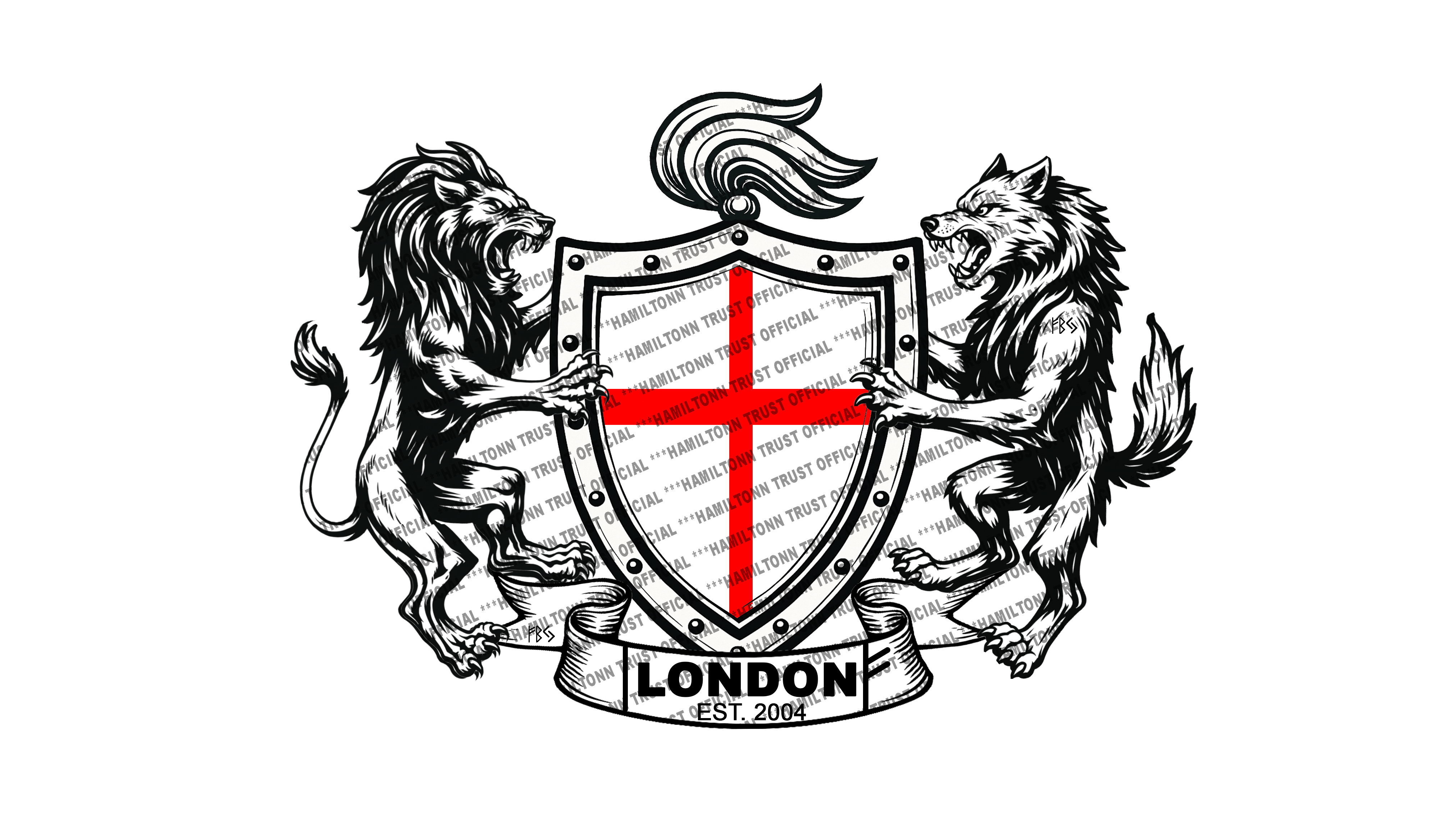 Heraldic shield with St George cross, lion and wolf supporters, LONDON EST. 2004